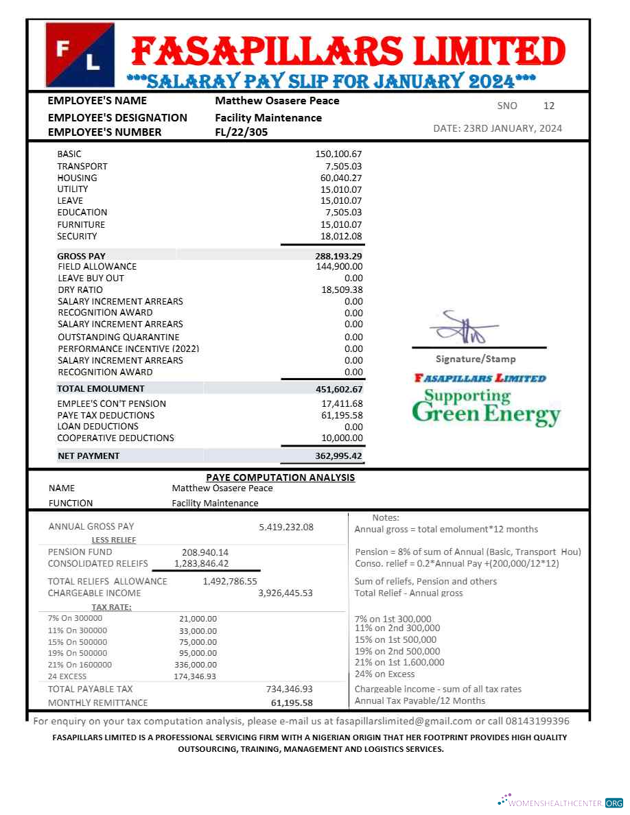 Download Nigeria Fasapillars Limited corporate office payslip template in Word and PDF formats.pdf, 1 Photoshop template